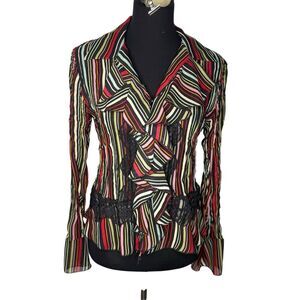 S.L.B. Women’s Medium Striped Ruffle Blouse Black Lace Bell Sleeve Boho Festival
